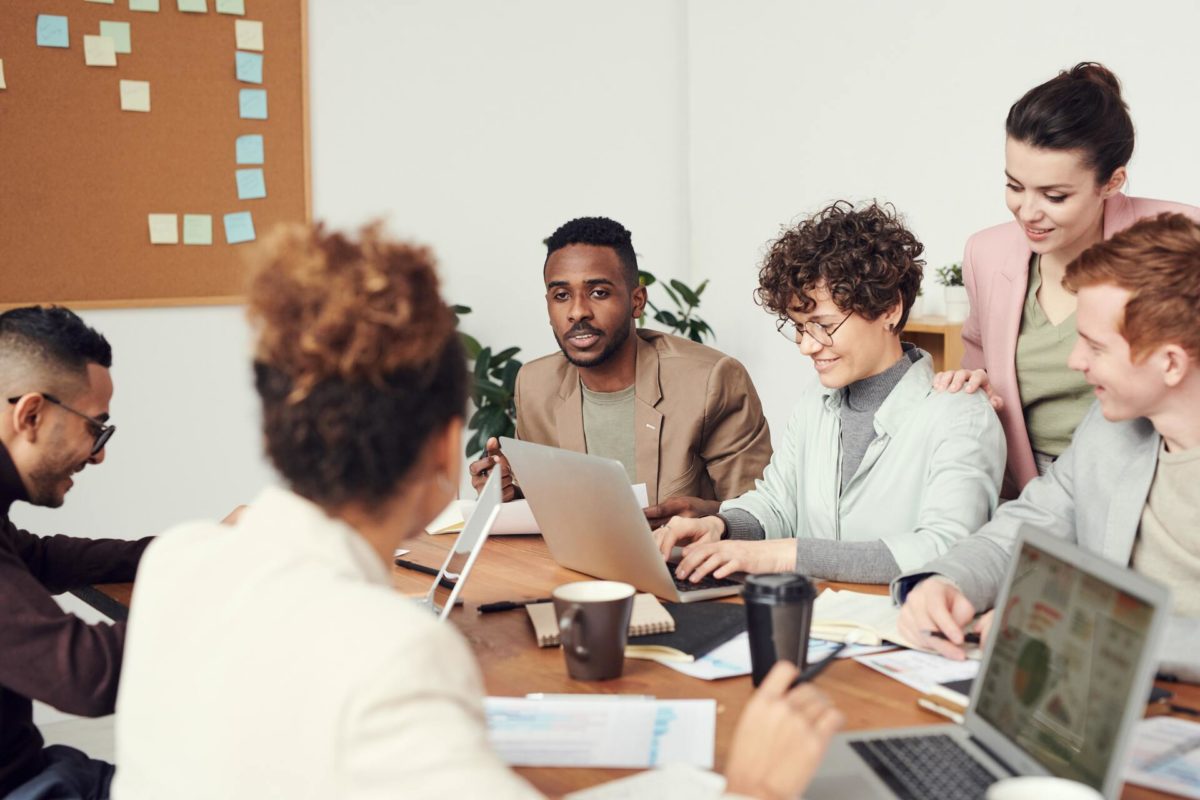 A team in a work related meeting in an office